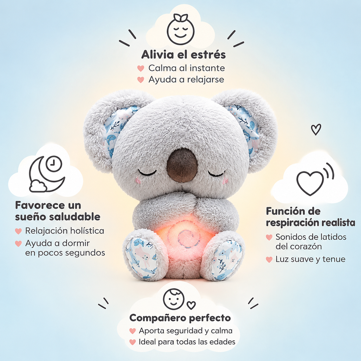 Peluche koala gris con respiración simulada, latido y luz suave en la barriga