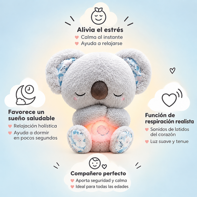 Peluche koala gris con respiración simulada, latido y luz suave en la barriga