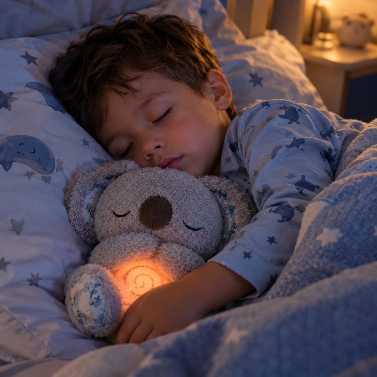 Niño durmiendo abrazado al peluche koala gris con luz suave en la barriga