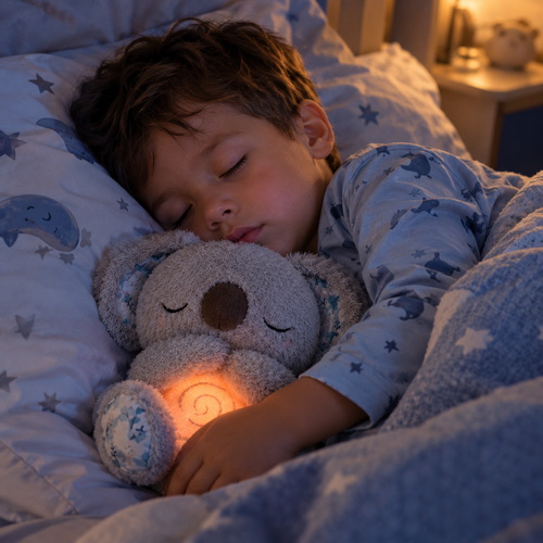 Niño durmiendo abrazado al peluche koala gris con luz suave en la barriga