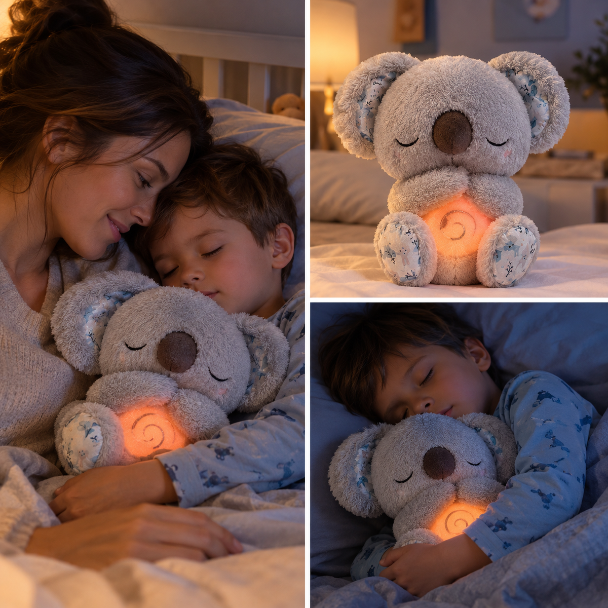 Madre e hijo en la cama con el peluche koala gris que simula la respiración