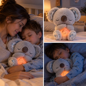 Madre e hijo en la cama con el peluche koala gris que simula la respiración