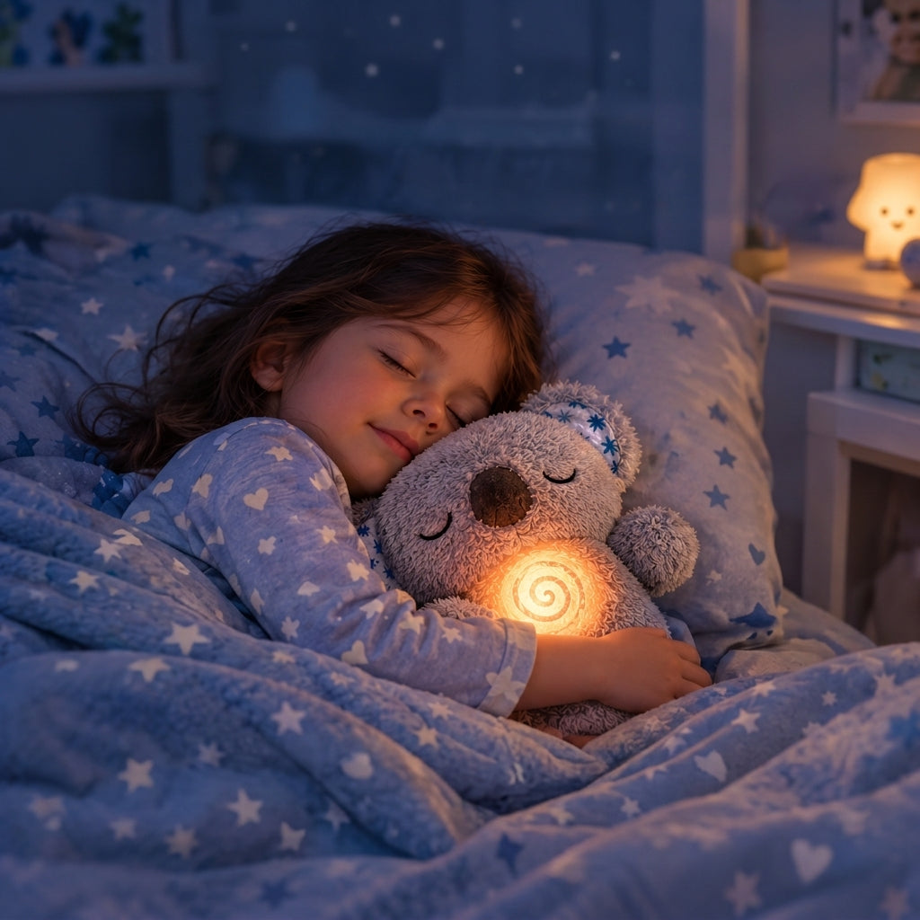 Niña dormida en su cama abrazando el peluche koala que simula la respiración