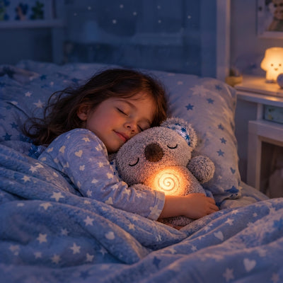 Niña dormida en su cama abrazando el peluche koala que simula la respiración