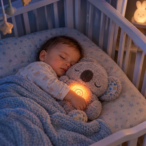 Bebé durmiendo en la cuna junto al peluche koala gris con luz cálida